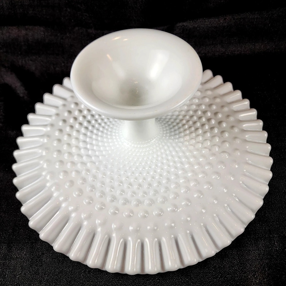 VINTAGE Fenton Hobnail 13" Milk Glass Pedestal Cake Stand Ruffled Edge 5" H